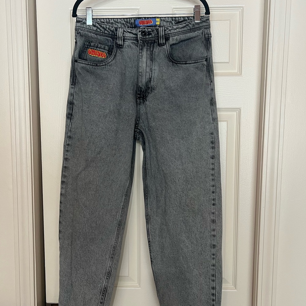Empyre Acid Wash Gray Denim Straight Fit Men's Jeans Logo Accents Cotton